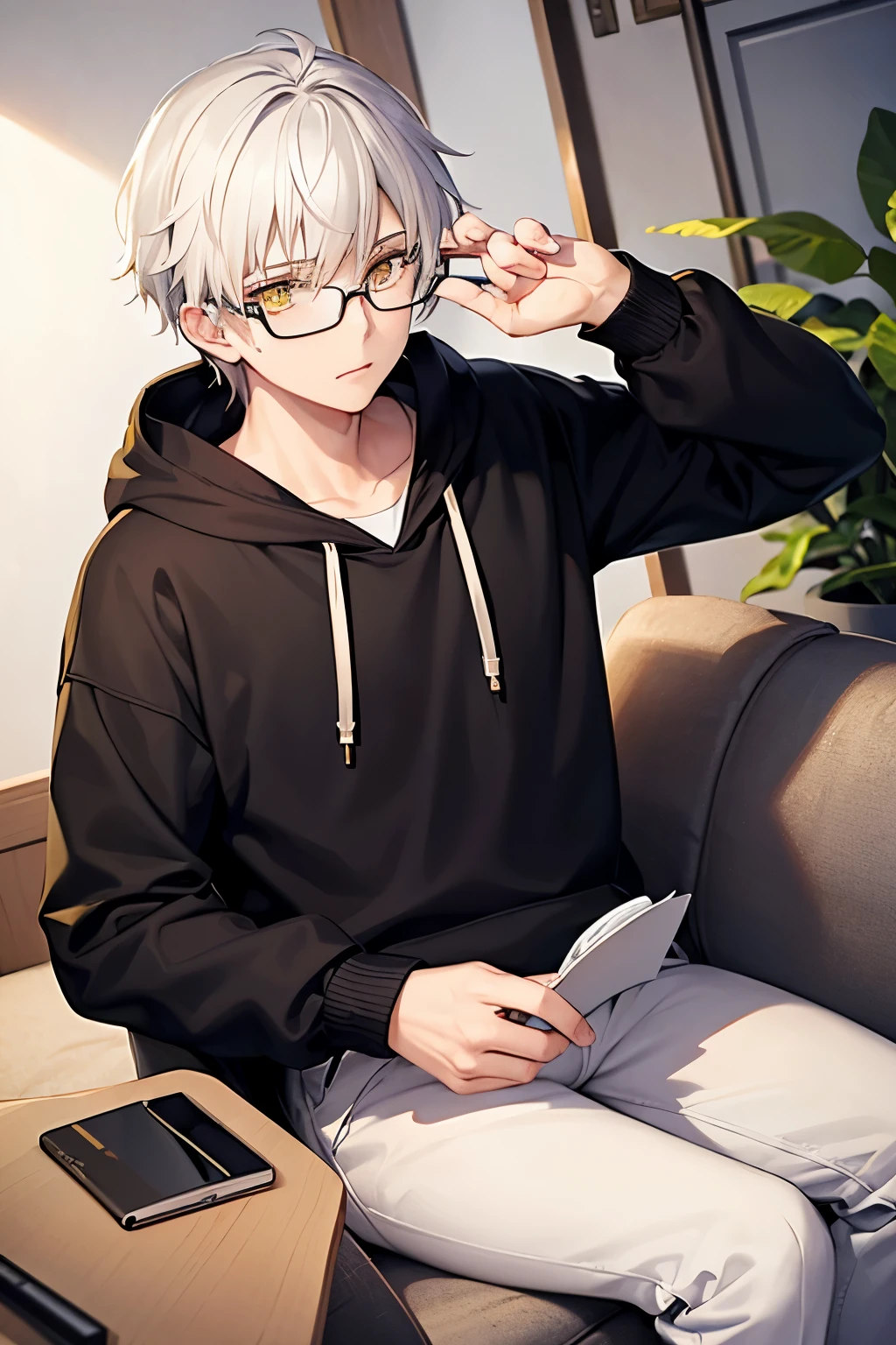 18 year old boy with yellow eyes and medium white hair, wearing a hoodie and glasses