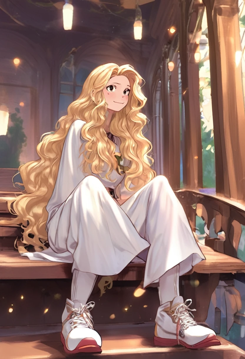 Estilo: BNHA gender: Feminine hair description: long curly blonde hair eye features:color miel ,large and shiny eyelashes with defined face characteristics:Fino levemente,color de piel guera tenue y orejas de elfo
vestimenta: vestido blanco
postura:sitting cross-legged ⠀⠀⠀⠀⠀⠀⠀⠀⠀⠀⠀⠀⠀⠀⠀⠀⠀⠀⠀⠀⠀⠀body characteristics:Musculosa levemente y muslos marcados
plano: completo