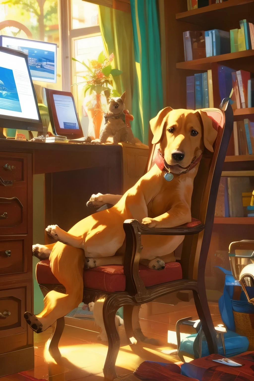 A dog is resting in a chair in front of a computer