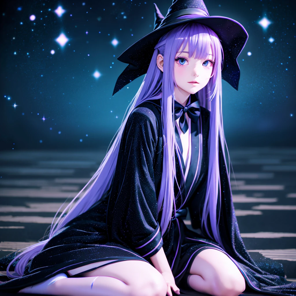 anime girl long purple hair wearing a black Robe. she has pointy ears. Witch Hat. Manga kawaii. iridescent ,An illustration, Sitting position, (no background)