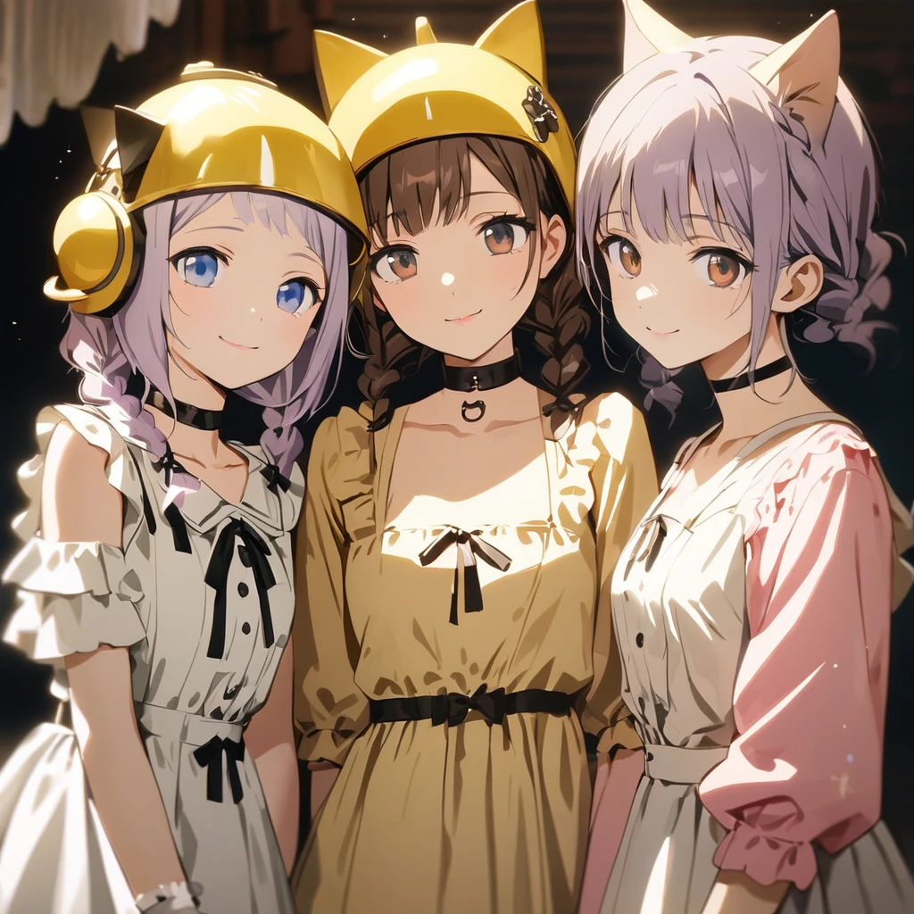 (Cute 3girls:1.5), (first girl with closs hair pin,pale purple hair,wavy two braids,bluntbangs hair,green and black eyes,
pink shirt,cosplay, jirai kei, bangs, black skirt, black bow, looking at viewer, bow, long sleeves, choker, ribbon,pink lips,smilng :1.4),BREAK,(second girl with a short brown haircut wearing a yellow helmet, cat ears on the helmet, brown eyes, a yellow dress, smiling:1.3), BREAK,(third girl with silver long hair, blue eyes,wearing a white sheep's headgear and white dress,smiling:1.3), BREAK, (masterpiece:1.3), anime visual, (Lovey-dovey:1.5), (tilt head:1.3), extremely delicate face, soft clean focus, realistic lighting and shading, (an extremely delicate and beautiful art:1.3), elegant, (muted colors:1.1),  the three of them drinking tea together, a cake stand between them,
