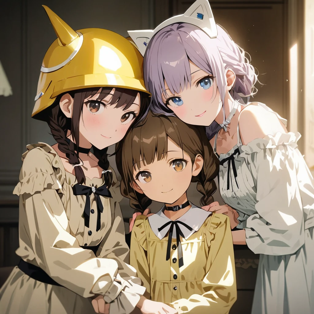 (Cute 3girls:1.5), (first girl with closs hair pin,pale purple hair,wavy two braids,bluntbangs hair,green and black eyes,
pink shirt,cosplay, jirai kei, bangs, black skirt, black bow, looking at viewer, bow, long sleeves, choker, ribbon,pink lips,smilng :1.4),BREAK,(second girl with a short brown haircut wearing a yellow helmet, cat ears on the helmet, brown eyes, a yellow dress, smiling:1.3), BREAK,(third girl with silver long hair, blue eyes,wearing a white sheep's headgear and white dress,smiling:1.3), BREAK, (masterpiece:1.3), anime visual, (Lovey-dovey:1.5), (tilt head:1.3), extremely delicate face, soft clean focus, realistic lighting and shading, (an extremely delicate and beautiful art:1.3), elegant, (muted colors:1.1),  the three of them drinking tea together, a cake stand between them,