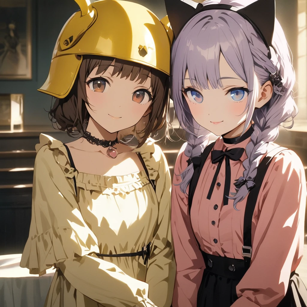 (Cute 3girls:1.5), (first girl with closs hair pin,pale purple hair,wavy two braids,bluntbangs hair,green and black eyes,
pink shirt,cosplay, jirai kei, bangs, black skirt, black bow, looking at viewer, bow, long sleeves, choker, ribbon,pink lips,smilng :1.4),BREAK,(second girl with a short brown haircut wearing a yellow helmet, cat ears on the helmet, brown eyes, a yellow dress, smiling:1.3), BREAK,(third girl with silver long hair, blue eyes,wearing a white sheep's headgear and white dress,smiling:1.3), BREAK, (masterpiece:1.3), anime visual, (Lovey-dovey:1.5), (tilt head:1.3), extremely delicate face, soft clean focus, realistic lighting and shading, (an extremely delicate and beautiful art:1.3), elegant, (muted colors:1.1), the three of them drinking tea together, a cake stand between them,