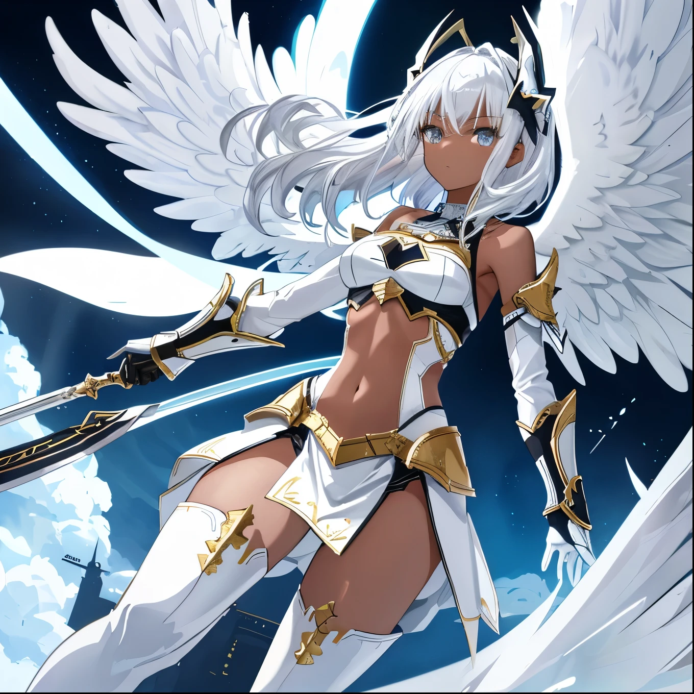 fantasy, 1angel_girl, low_teen, silver_medium_hair,long_bangs, (dark_skin)+, bare_shoulder, navel out, thighhighs,silver_shiny_armor, white_clothes,waist_armor, Glebe, hold_shiny_swords, medium_breasts, dynamic_pose_fighting,Floating, (1pair_white_wings,pelvic_curtain)++, Headgear ,city_sky_background,,slightly_spread_legs, multiple_shiny_swords_floating_around_the_girl
