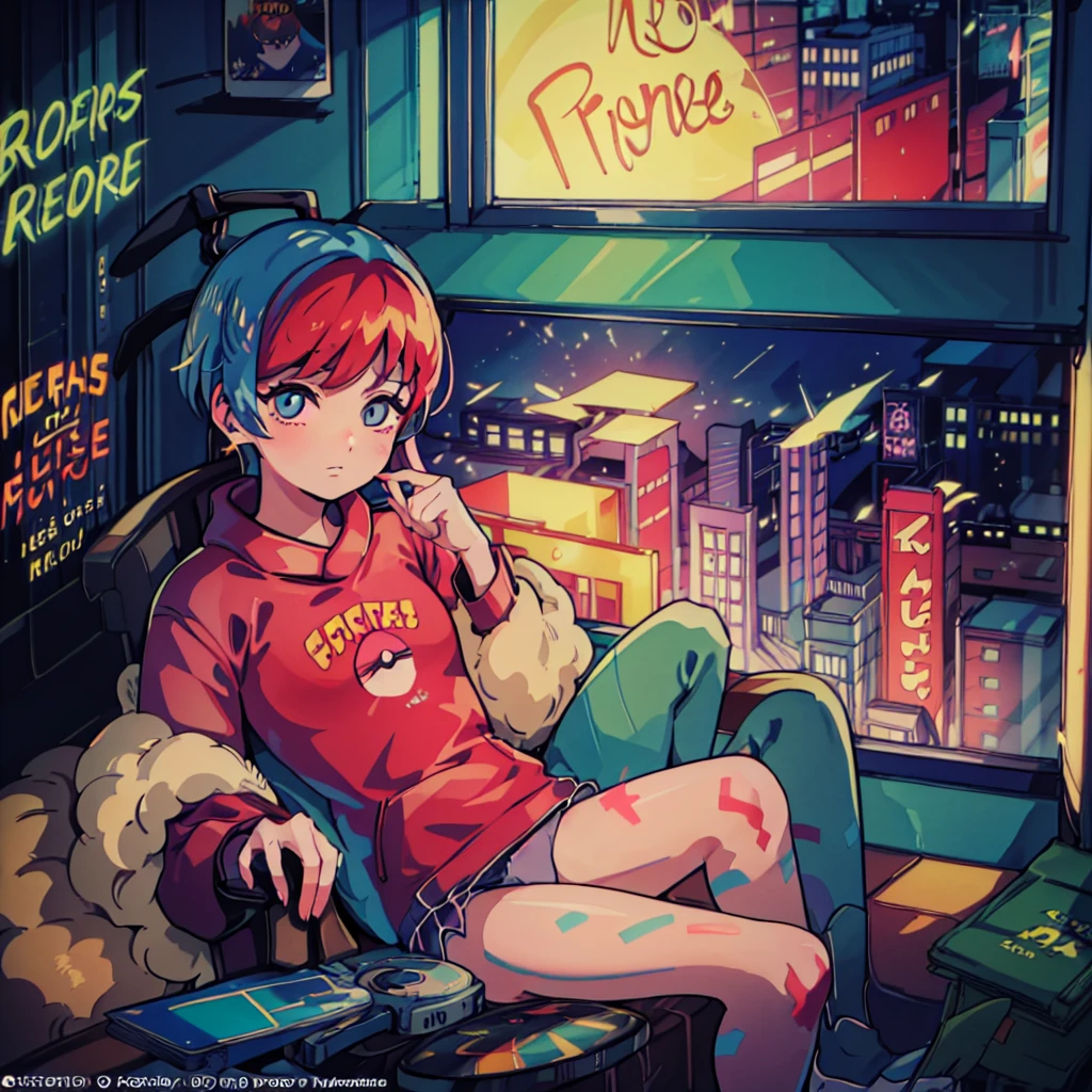 (masterpiece), Highest quality, Expressive eyes, Neon pastel aesthetics, Retro 90s, Neon color,((Girl sitting on sofa,In a cozy room,Records hanging on her wall, Comic books on the floor, Looking out the window behind her at the night city, Upholstered room, Anime figures lined up on a shelf)), Wearing headphones, (All around her it sparkles), (wearing thick colorful sneakers), (blue eyes), (Soft look), (Synthwave Art Style), Colorful Hair, Desk with PC set up