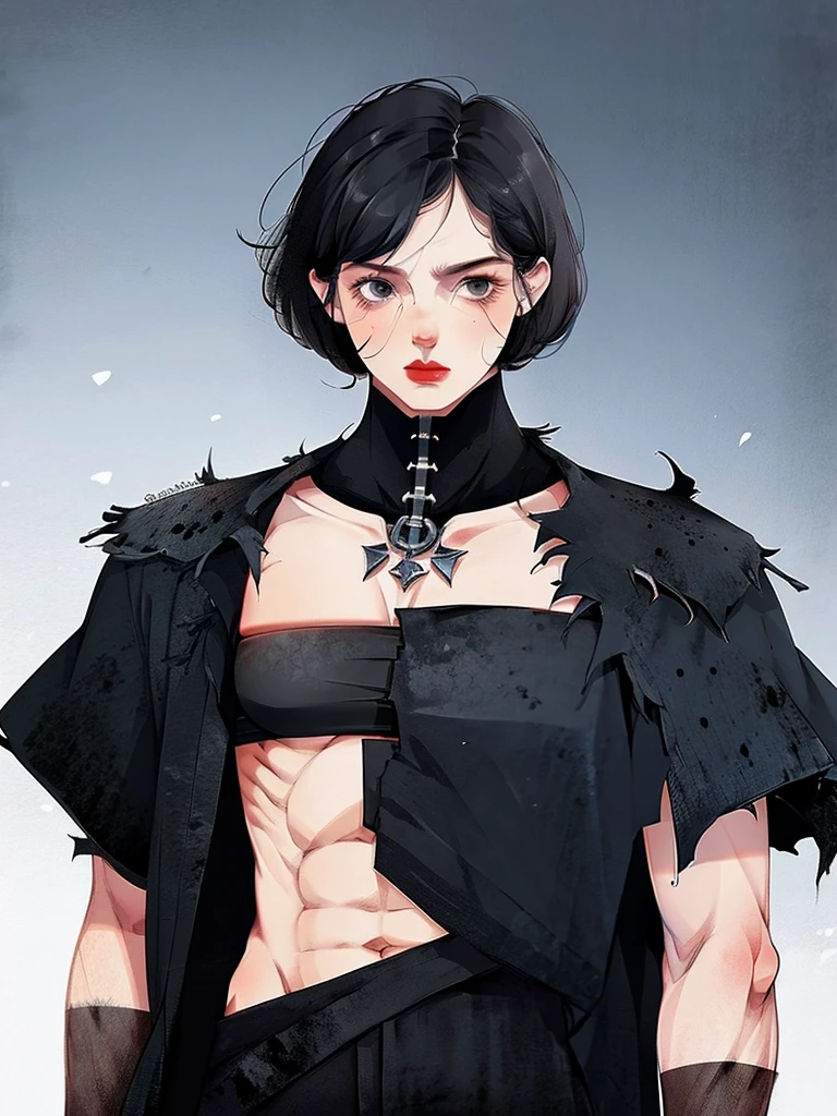 (half body), 1 man, duke, short hair,black hair, Black eyes, Strong body, Six pack, cold, Battlefield backdrop,