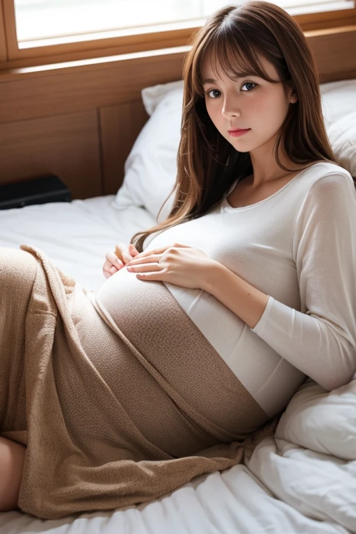 Pregnant women、Caucasian、Brown Hair、Clothing、Sleep in bed