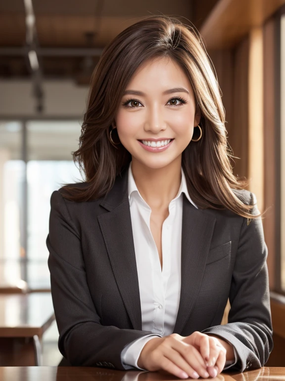 Tabletop, Highest quality, Realistic, Very detailed, finely, High resolution, 8k wallpaper, 1. Beautiful woman,, Light brown messy hair, Wearing a business suit, Short harp focus, Perfect dynamic composition, finelyて美しい目, Thin Hair, Detailed and Realistic skin texture, smile,  Model Body Type、Beautiful feet、office、smile、