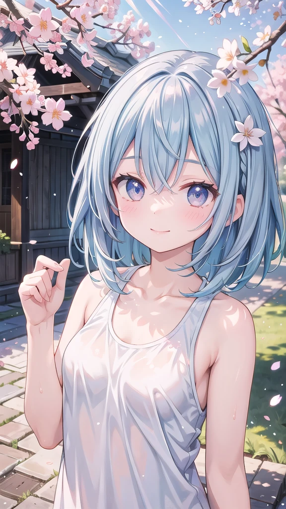 (masterpiece), Going out, cherry blossoms, Outdoor, One girl,Tank Top ,Medium Hair, Light blue hair, smile, Medium chest, Particles of light, Speckled sunlight