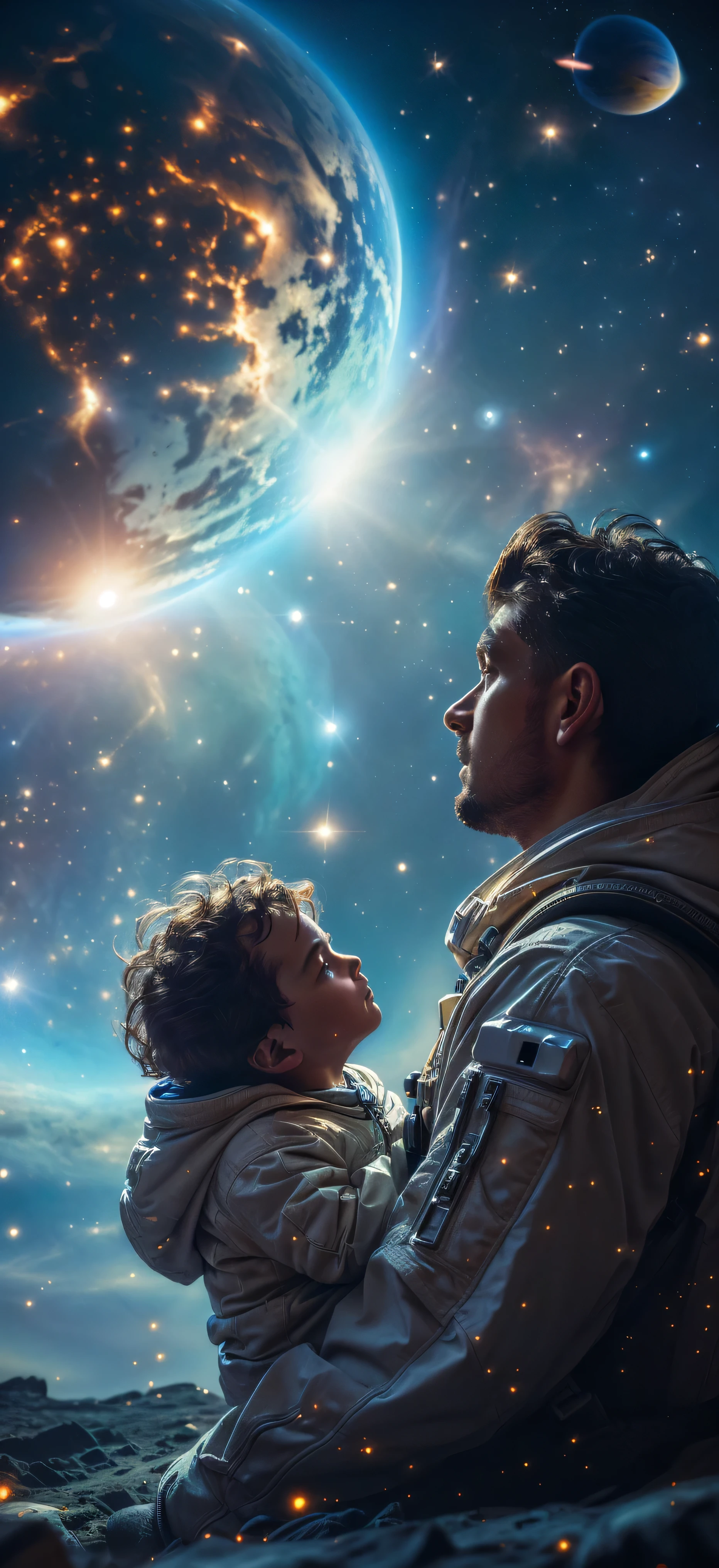 (masterpiece: 1.3), (8K, Practical, RAW photos, best quality: 1.4), A man holding a baby in front of a planet, father with child, Background with beautiful planet and space, Looking into space, Beautiful digital artwork, buzzer, author：Adam Malchinsky, Sci-fi digital art, Sci-fi digital art, dreaming of outer space, author：Tadeusz Pruszkowski