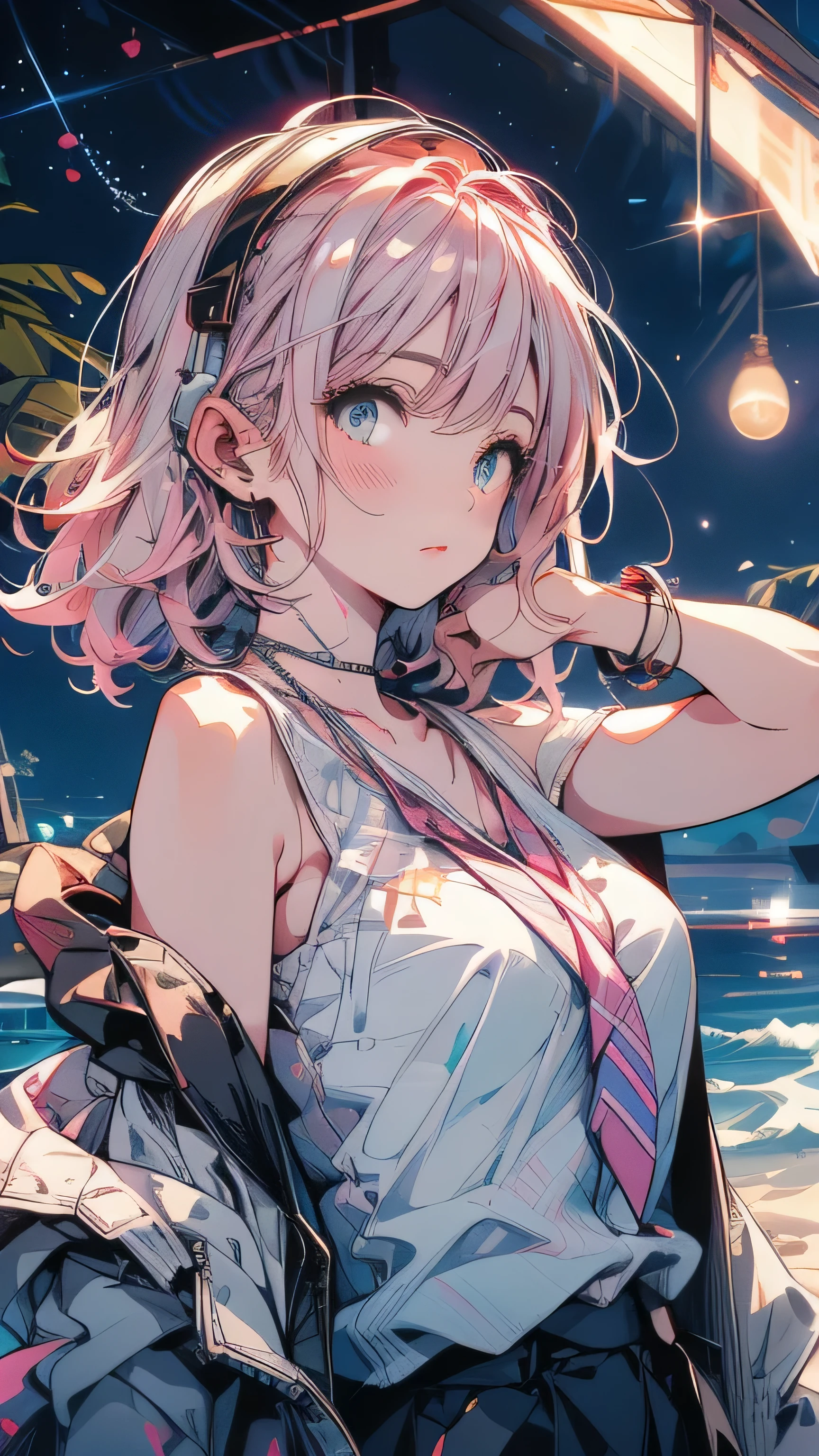 Pink Hair,White camisole,night starry sky background,Sad expression,Double Tail,headphone,night,moon,Star,meteor,Looking up at the stars