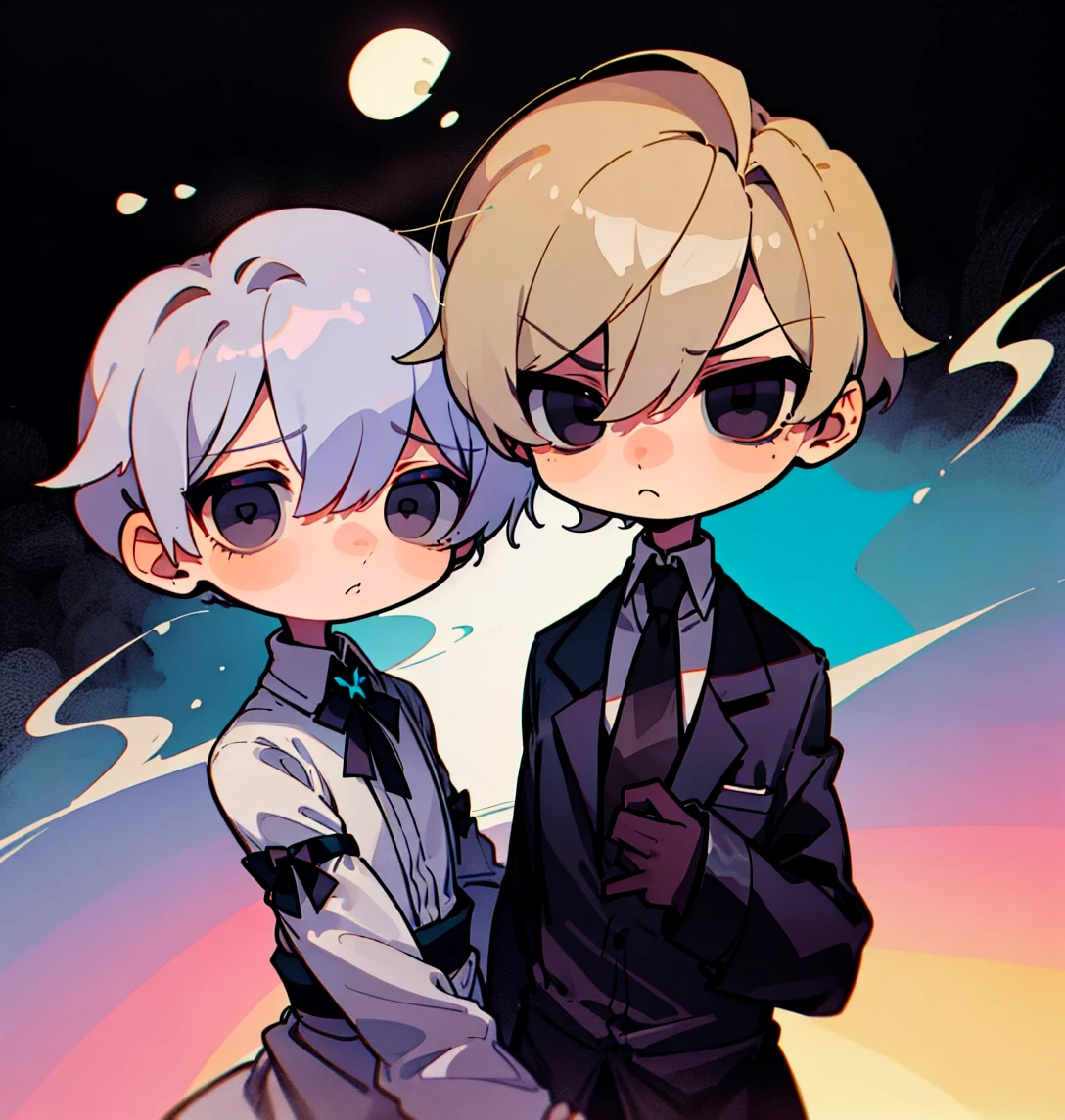 tegaki chibi 2boys pastel colors gradient flat chest yaoi gay boys love gothic rose blonde silver hair gray eyes black eyes aesthetic angry