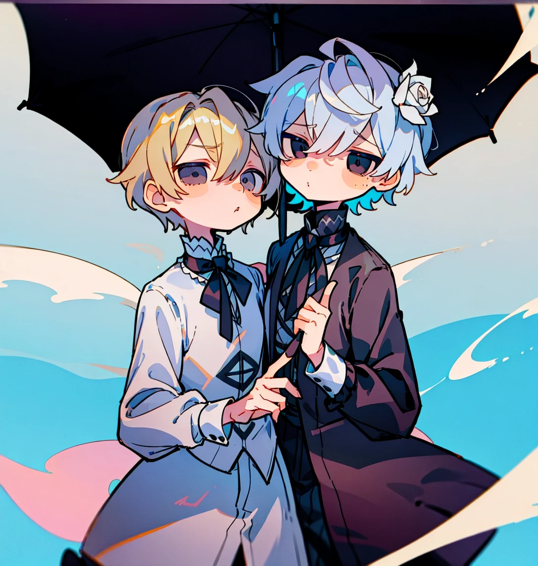 tegaki chibi 2boys pastel colors gradient flat chest yaoi gay boys love gothic rose blonde silver hair gray eyes black eyes aesthetic angry