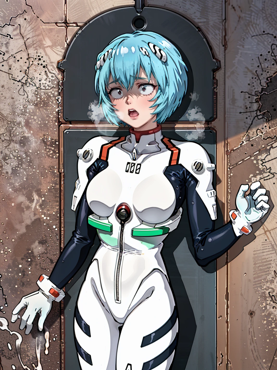 ((Highest quality, 8k wallpaper)),(masterpiece, Highest quality),Very detailed,High resolution,(Official Art:1.3),(((Anime screenshots,Black outline))),One girl,alone, Break mer1,(Rei Ayanami {Neon Genesis Evangelion,}1.2),masterpiece, best quality, outdoor, 1girl, Solo,red eyes,short hair,blue hair, (White plug suit:1.4), skin tight,(Tired look, A look of regret, Struggled, Half-closed eyes, fear, humiliation, Frightened, anxiety:1.3),(((Covered in sweat, Mass sweat, Sweating profusely,steam:1.7))), (wariza, arms on chest, Look Up:1.8), (Dirty Costume with mud,gym storeroom:1.5)(((sweat,sweatdrop,flying sweatdrops, sweating profusely,wet,wet clothes,wet hair,messy hair))),
