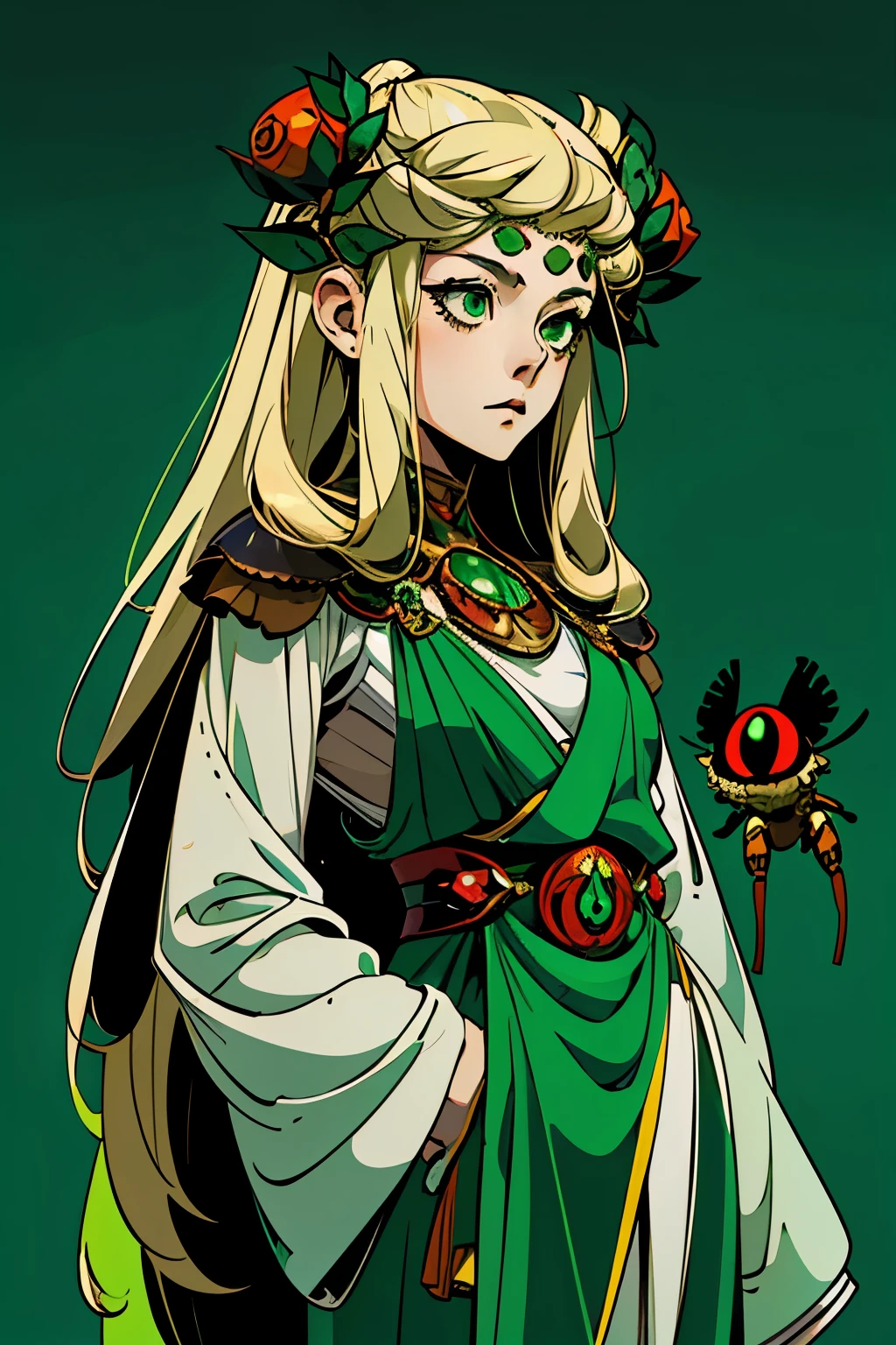 1girl, young, , 6 years i, komusume, blonde long hair, green clothes, insect green eyes, arachnid style, background filled with insects, tartarus background, scenery, main character, hades style, Arachne, spider legs attached to her back