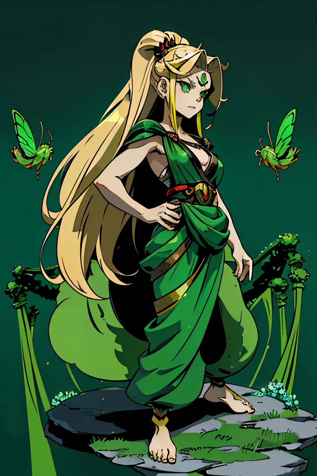 1girl, young, , 6 years i, komusume, blonde long hair, green clothes, insect green eyes, arachnid style, background filled with insects, tartarus background, scenery, main character, hades style, Arachne, spider legs coming from her back