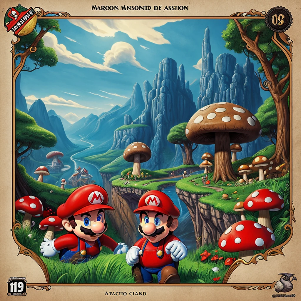 Mario and the mushroom kingdom in a 1970's dark fantasy book cover paper art dungeons and dragons style drawing