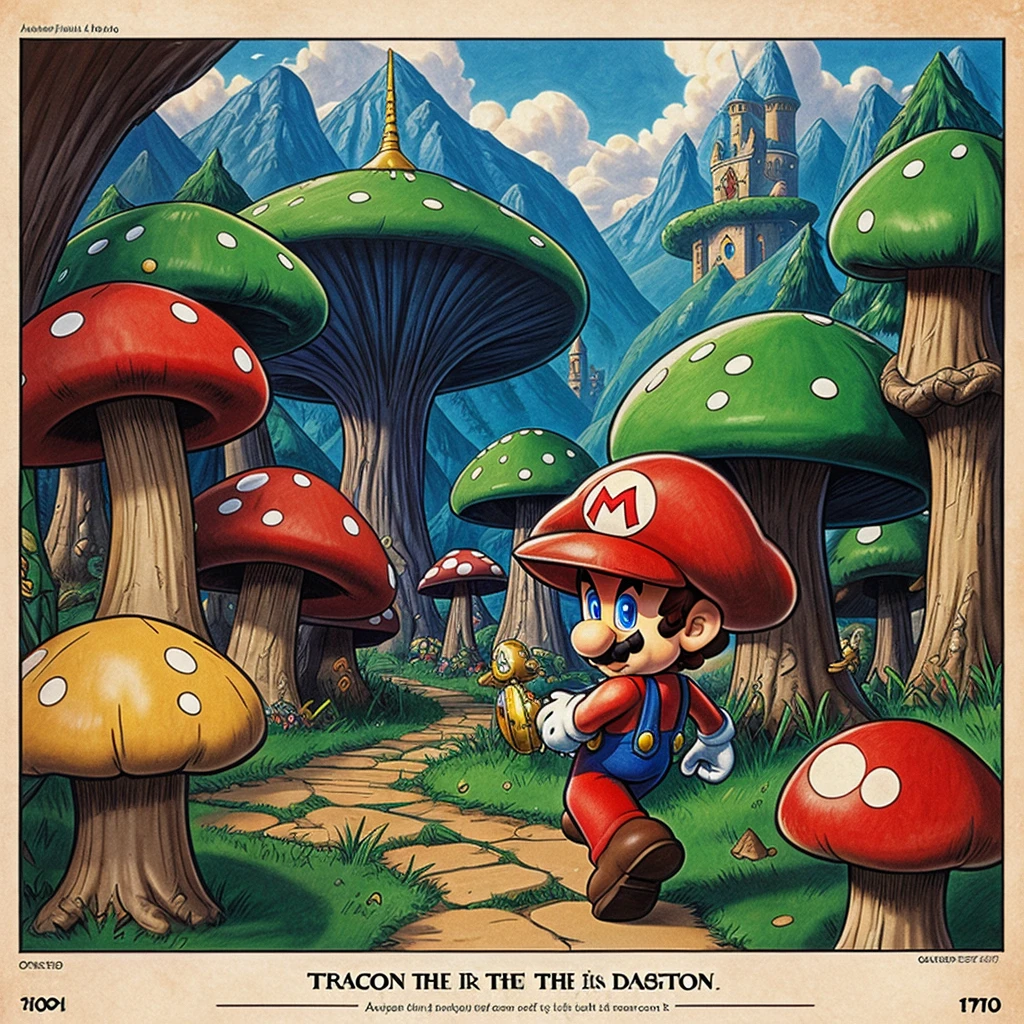 Mario and the mushroom kingdom in a 1970's dark fantasy book cover paper art dungeons and dragons style drawing