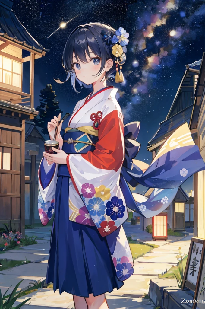 One girl, A girl in a kimono in the distance, Gaze up at the stars on a peaceful Sternennacht, The sky is lit up with a spectacular view of Sternschnuppen. Zoomed out view 1.1, This scene captures the essence of a masterpiece like Van Gogh&#39;s.. The vibrant and dynamic colors of the night sky create a psychedelic atmosphere, It invites the viewer into a fantastical world of beauty.. Low - Angle, From behind the girl, Emphasizing her thoughtful attitude, She stands in a field surrounded by cherry blossoms. Carefully crafted down to the last detail、We provide the highest quality, Like a cloud in the sky, The shining starry sky is captivating