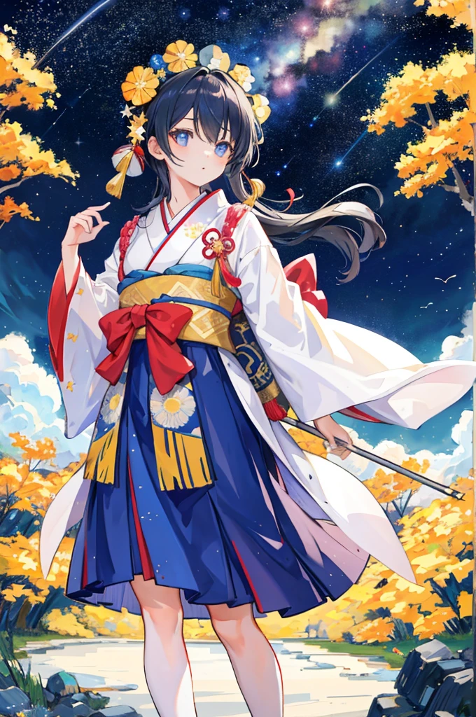 One girl, A girl in a kimono in the distance, Gaze up at the stars on a peaceful Sternennacht, The sky is lit up with a spectacular view of Sternschnuppen. Zoomed out view 1.1, This scene captures the essence of a masterpiece like Van Gogh's.. The vibrant and dynamic colors of the night sky create a psychedelic atmosphere, It invites the viewer into a fantastical world of beauty.. Low - Angle, From behind the girl, Emphasizing her thoughtful attitude, She stands in a field surrounded by cherry blossoms. Carefully crafted down to the last detail、We provide the highest quality, Like a cloud in the sky, The shining starry sky is captivating
