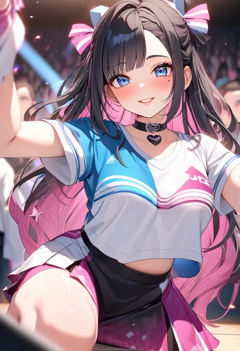 One Girl、My name is Mei、Gazing at the audience。
Beautiful Blue Eyes、Black Hair、Pink striped hair、bangs、Shoulder-length hair、Mole under the eye、Plump and glossy lips、Heart-shaped choker、Idol、smile、ー、。。。。。。。。。。。。。。。。。。。。。。。。。。。。。。。。3D、Real、
dance team uniform, 
masterpiece、Highest quality、8k、Detailed skin texture、Detailed cloth texture、Beautifully detailed face、Intricate details、Very detailed、
Ultra-high resolution、8K Ultra HD、Film Grain、Best Shadow、delicate、Gazing at the audience、front