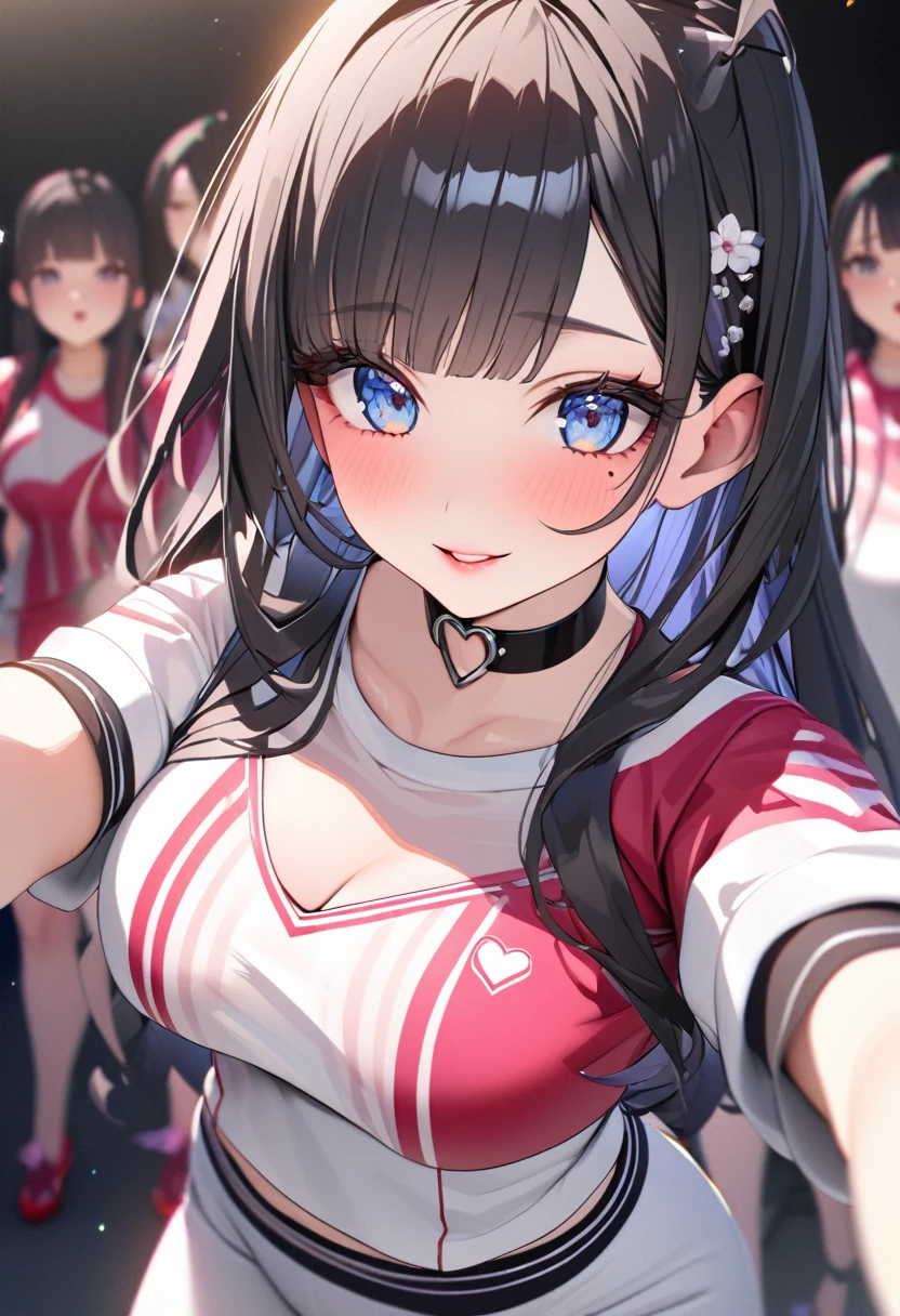 One Girl、My name is Mei、Gazing at the audience。
Beautiful Blue Eyes、Black Hair、Pink striped hair、bangs、Shoulder-length hair、Mole under the eye、Plump and glossy lips、Heart-shaped choker、Idol、smile、ー、。。。。。。。。。。。。。。。。。。。。。。。。。。。。。。。。3D、Real、
dance team uniform,
masterpiece、Highest quality、8k、Detailed skin texture、Detailed cloth texture、Beautifully detailed face、Intricate details、Very detailed、
Ultra-high resolution、8K Ultra HD、Film Grain、Best Shadow、delicate、Gazing at the audience、front