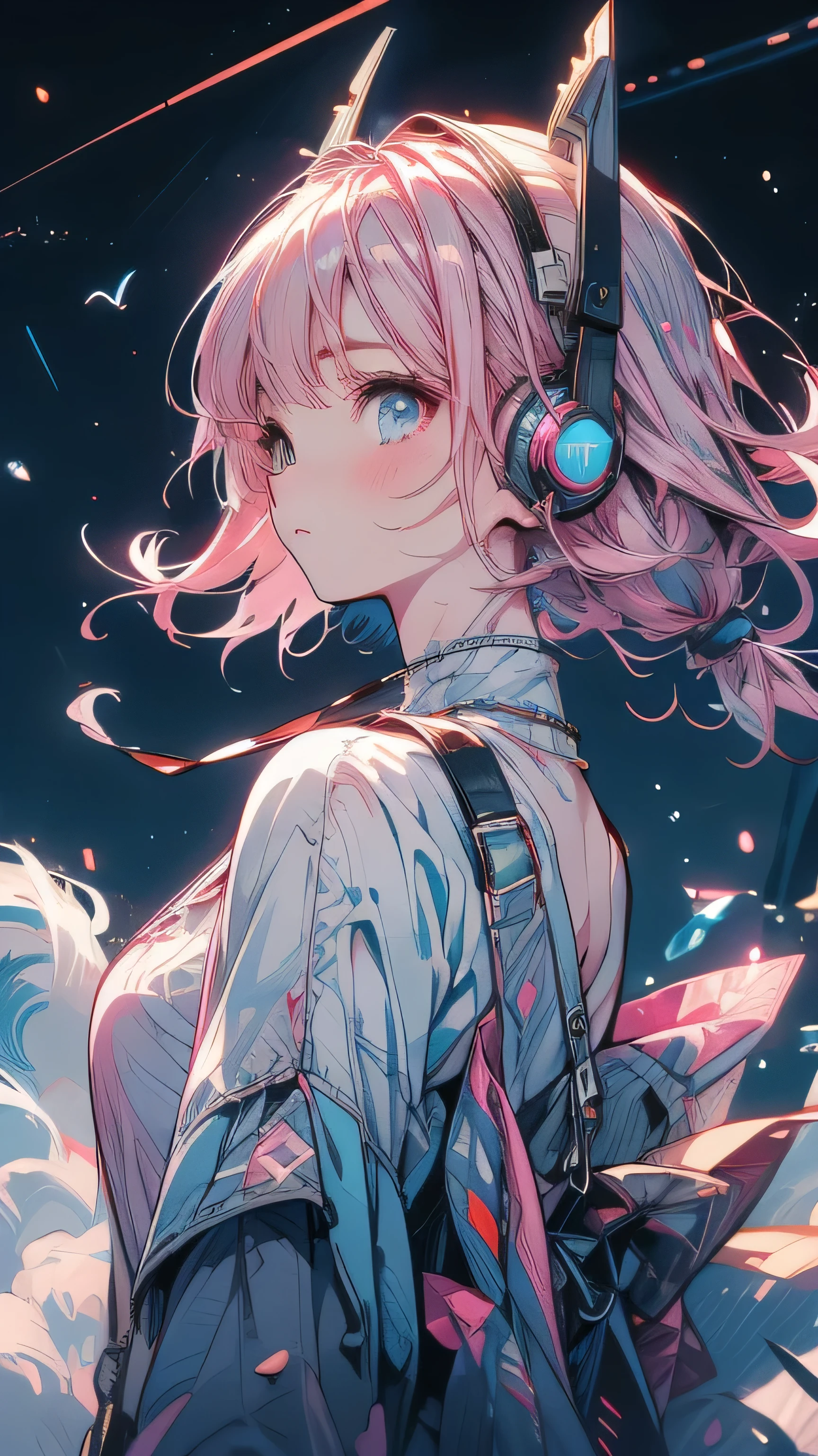 Pink Hair，White underwear，night starry sky background，Sad expression，Double Tail,headphone,night,moon,Star,meteor,Looking up at the stars,Full moon,Many Stars,milky way
