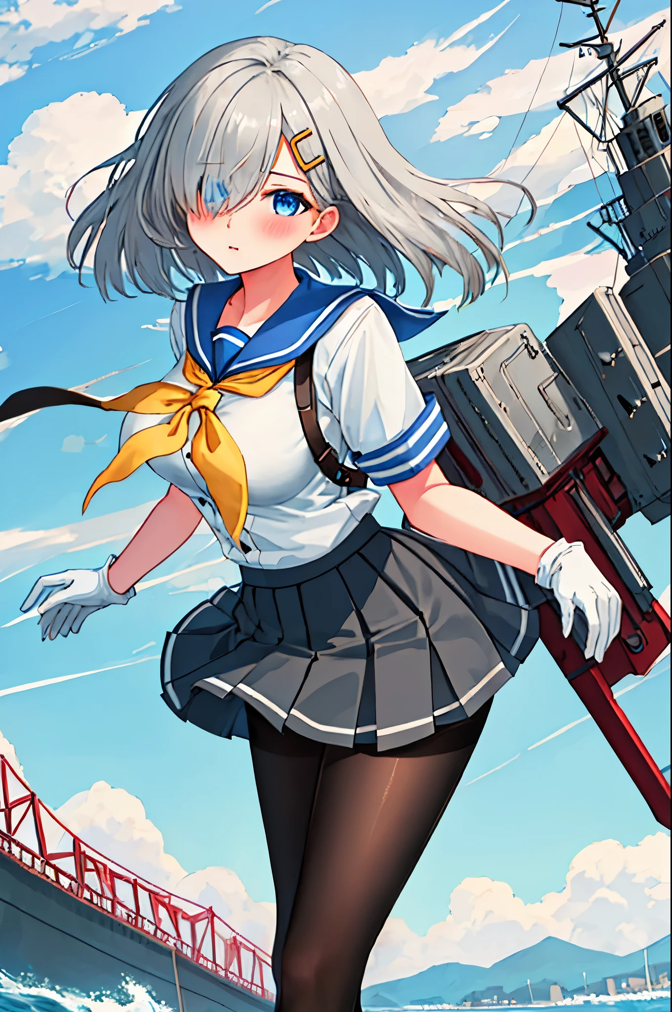best quality, masterpiece, highres, solo, {hamakaze_kantaicollection:0.90}, 1girl, li,younger_telack_pantyhose, pleated_skirt, serafuku, short_sleeves, simple_background, white_background, yellow_neckerchief, white_gloves, looking_at_viewer, grey_skirt, blush, eyes_visible_through_hair, blue_sailor_collar, dynamic_posing,long_bangs,hair_over_one_eye,harbor_school_background,outdoor,large_breasts,