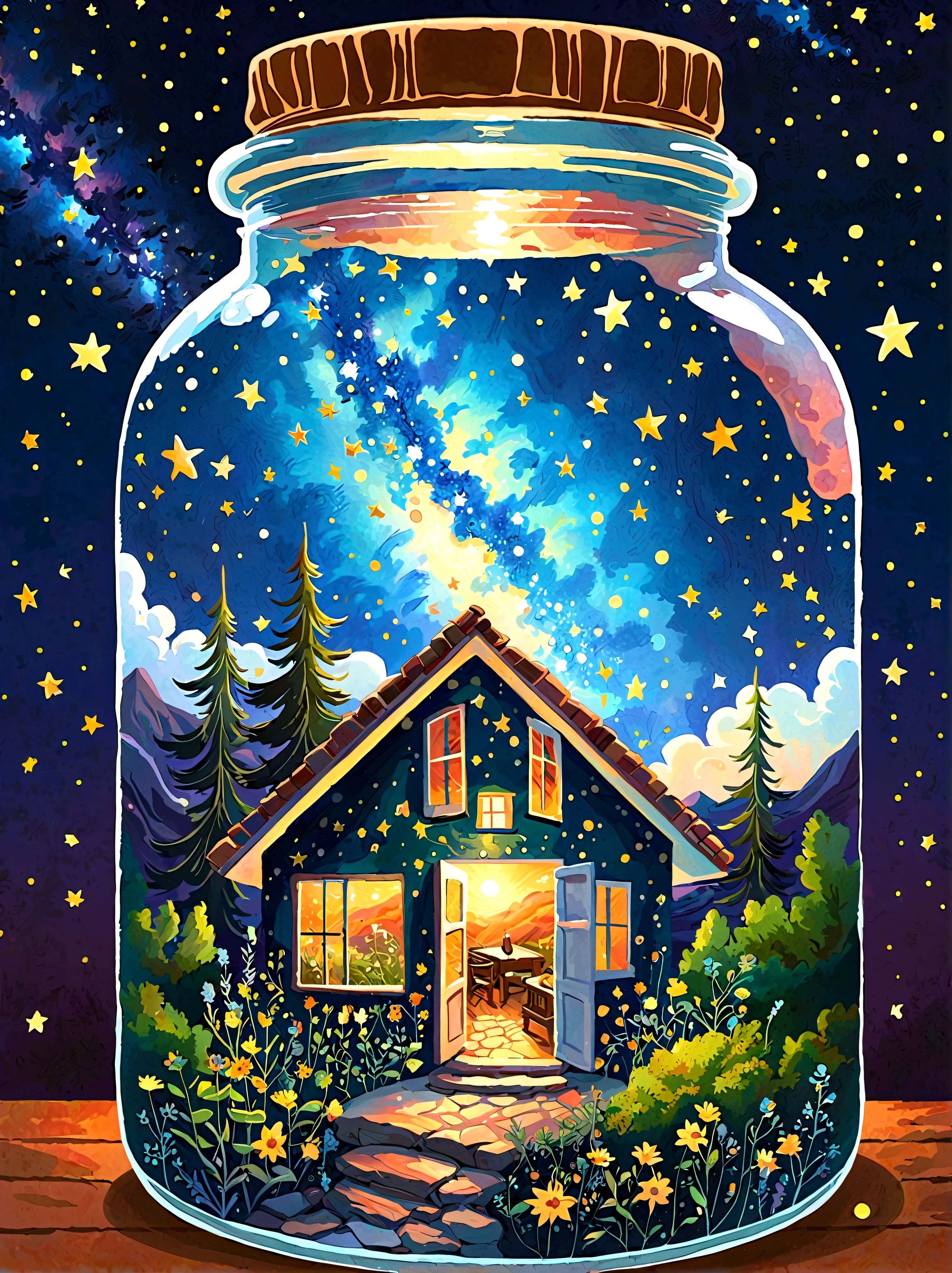 1pzsj1, Masterpiece，Top quality，(Very delicate and beautiful starry sky scenery trapped in a jar), world masterpiece theater, High resolution isometric, Top quality, illustration, Thick coating, canvas, painting, realism, Realism