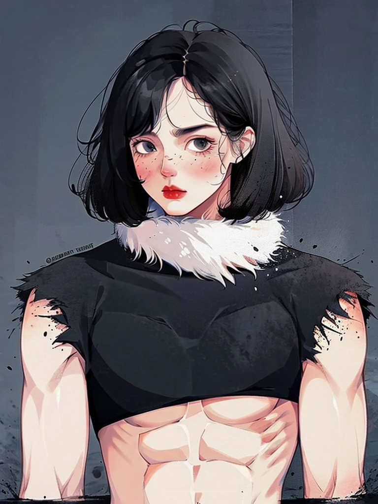 (half body), 1 man, duke, short hair,black hair, Black eyes, Strong body, Six pack, cold, Battlefield backdrop,