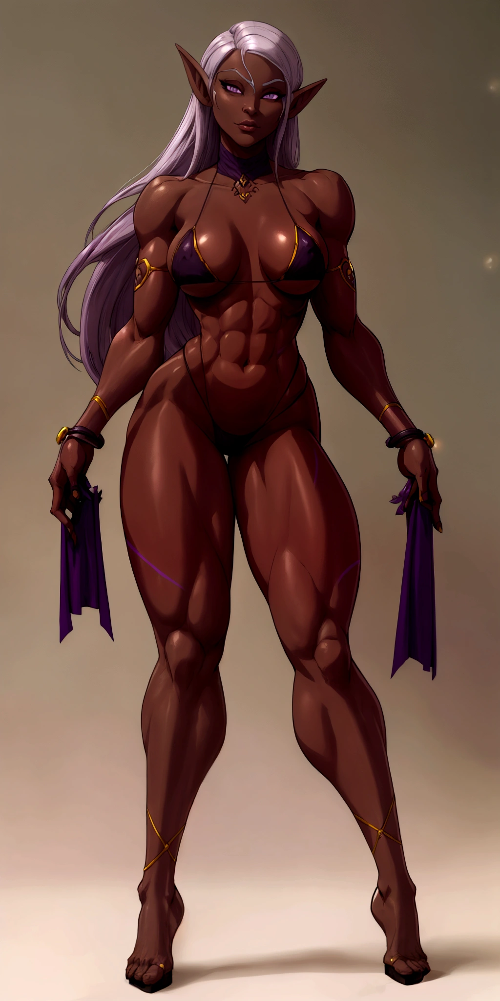 Full body, masterpiece, 1solofemale drow elf purple grey dark skin standing pose yellow bikini, 2legs, 2arms