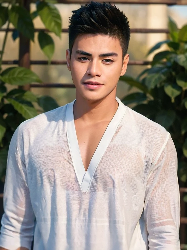 ((masterpiece)), ((best quality:1.2)), High Resolution, 8k, (ultra_realistic:1.3), (photorealistic:1.4), (instagram model, handsome:1.2), sharp focus, a photo of (ronniealontekm), wearing vneck shirt, farming, rural place, rice field, outdoors, daytime, ((looking at viewer)),  