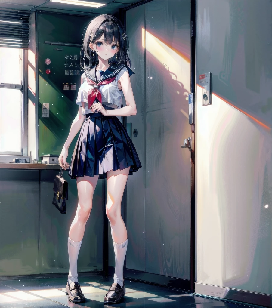 full body, earring, medium hair, medium tits, tearful mole, school_uniform, sailor uniform, sleeveless, school, classroom,