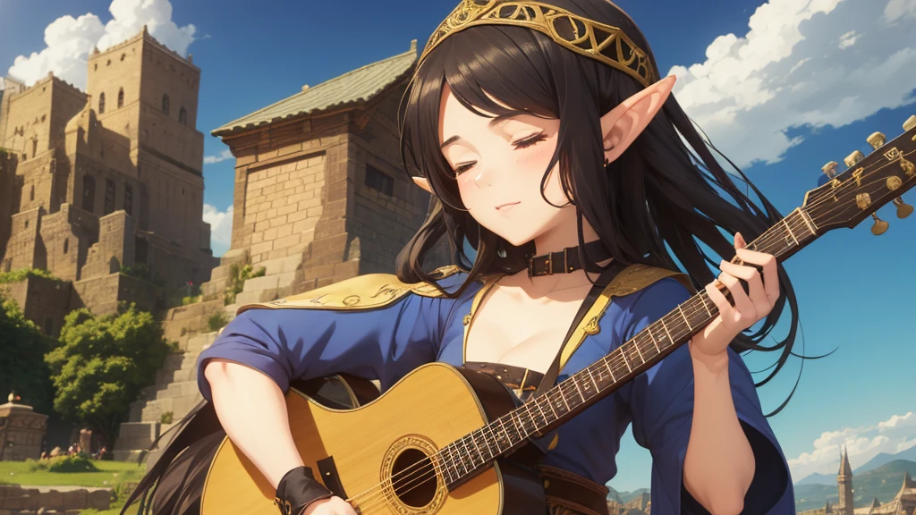 Anime Style,The medieval world,A lively bar with many people,Beautiful sky,Beautiful bard elf girl with closed eyes,guitar