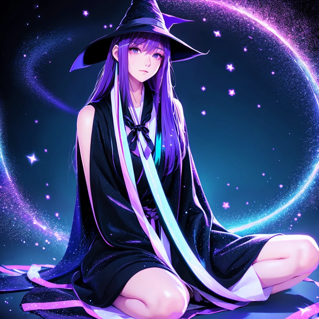 anime girl long purple hair wearing a black Robe. she has pointy ears. Witch Hat. Manga kawaii. iridescent ,An illustration,  Sitting position, (no background)