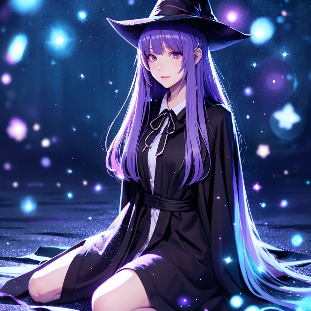 anime girl long purple hair wearing a black Robe. she has pointy ears. Witch Hat. Manga kawaii. iridescent ,An illustration, Sitting position, (no background)