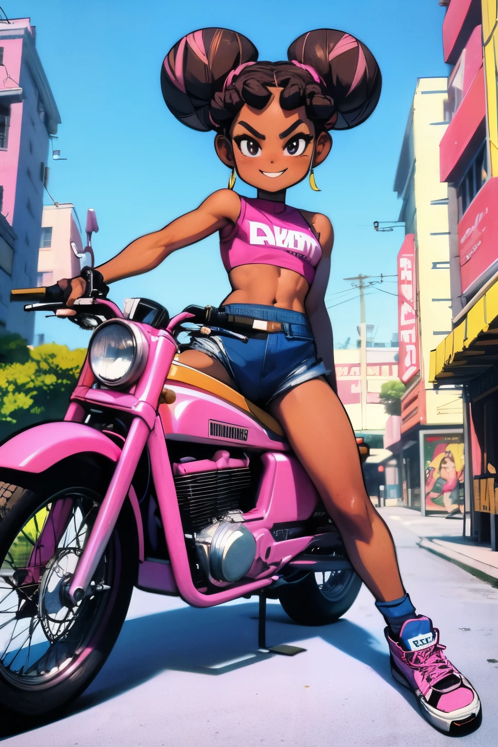 comics, 1980s Style, masterpiece, Dramatic, Movie, whole body, dynamic view, Medium, HD8K quality，Alicia，10 years old，Black Girl，african hairstyle, Hair Bun, Pink sleeveless crotchless top，Pink Skinny Bike Shorts，Blue sneakers，Cool smile，naughty attitude，Neighborhood alleys in big cities,