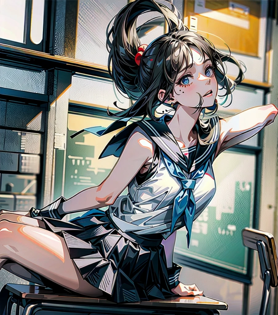 full body, earring, medium hair, medium tits, tearful mole, school_uniform, sailor uniform, sleeveless, school, classroom,