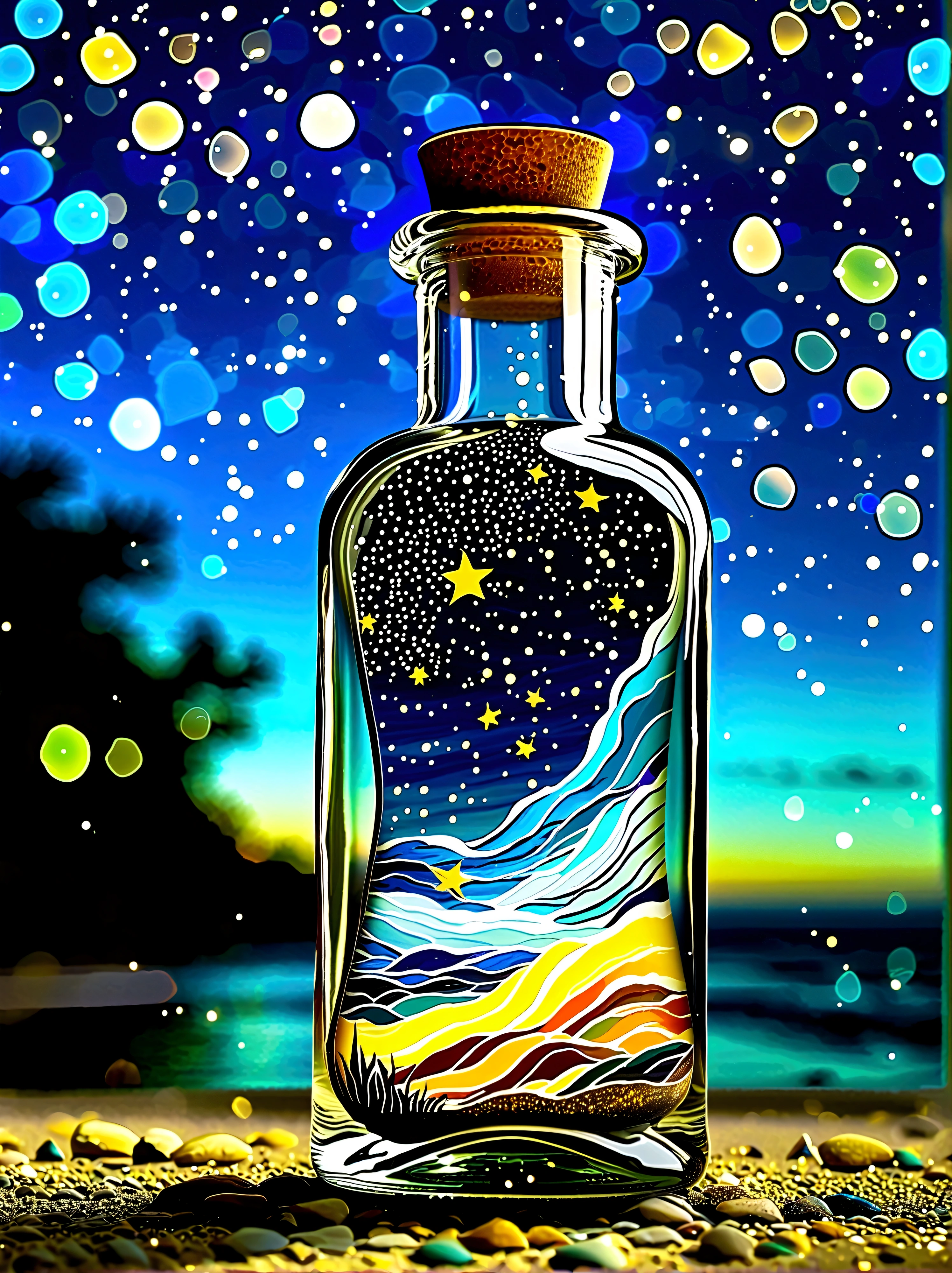 Starry sky Van Gogh painting trapped inside a hourglass bottle. Color and starry skies spilling out of the bottle and pooling on the ground.