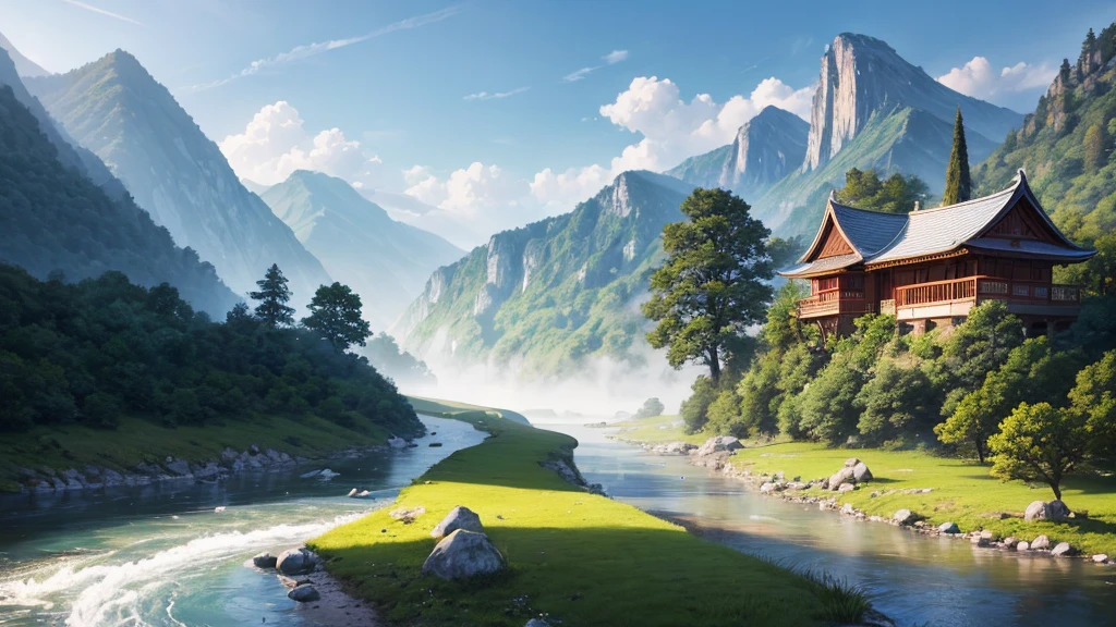 a mystical landscape with soaring limestone mountains, covered in fog. There are traditional East Asian style houses with tiered roofs, Curved and hidden between mountains and trees. A river or body of water winds through the landscape, with small works built along the river banks. The atmosphere is peaceful and picturesque, evokes the feeling of an ancient or mythical place, Unaffected by modern times. The light seemed to be early morning, contributing to the magical look of the scene.