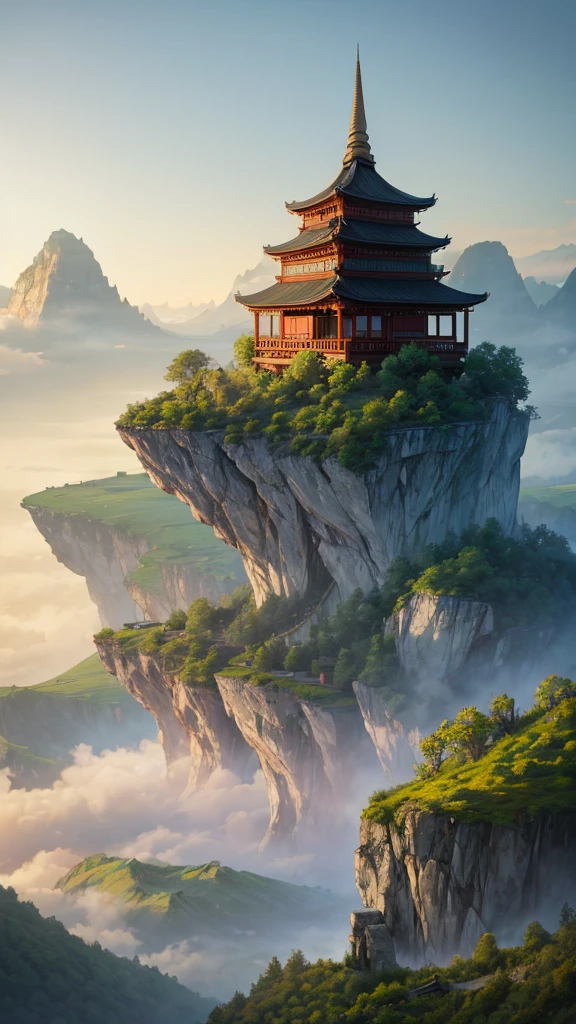a mystical landscape with soaring limestone mountains, covered in fog. There are traditional East Asian style houses with tiered roofs, Curved and hidden between mountains and trees. A river or body of water winds through the landscape, with small works built along the river banks. The atmosphere is peaceful and picturesque, evokes the feeling of an ancient or mythical place, Unaffected by modern times. The light seemed to be early morning, contributing to the magical look of the scene.