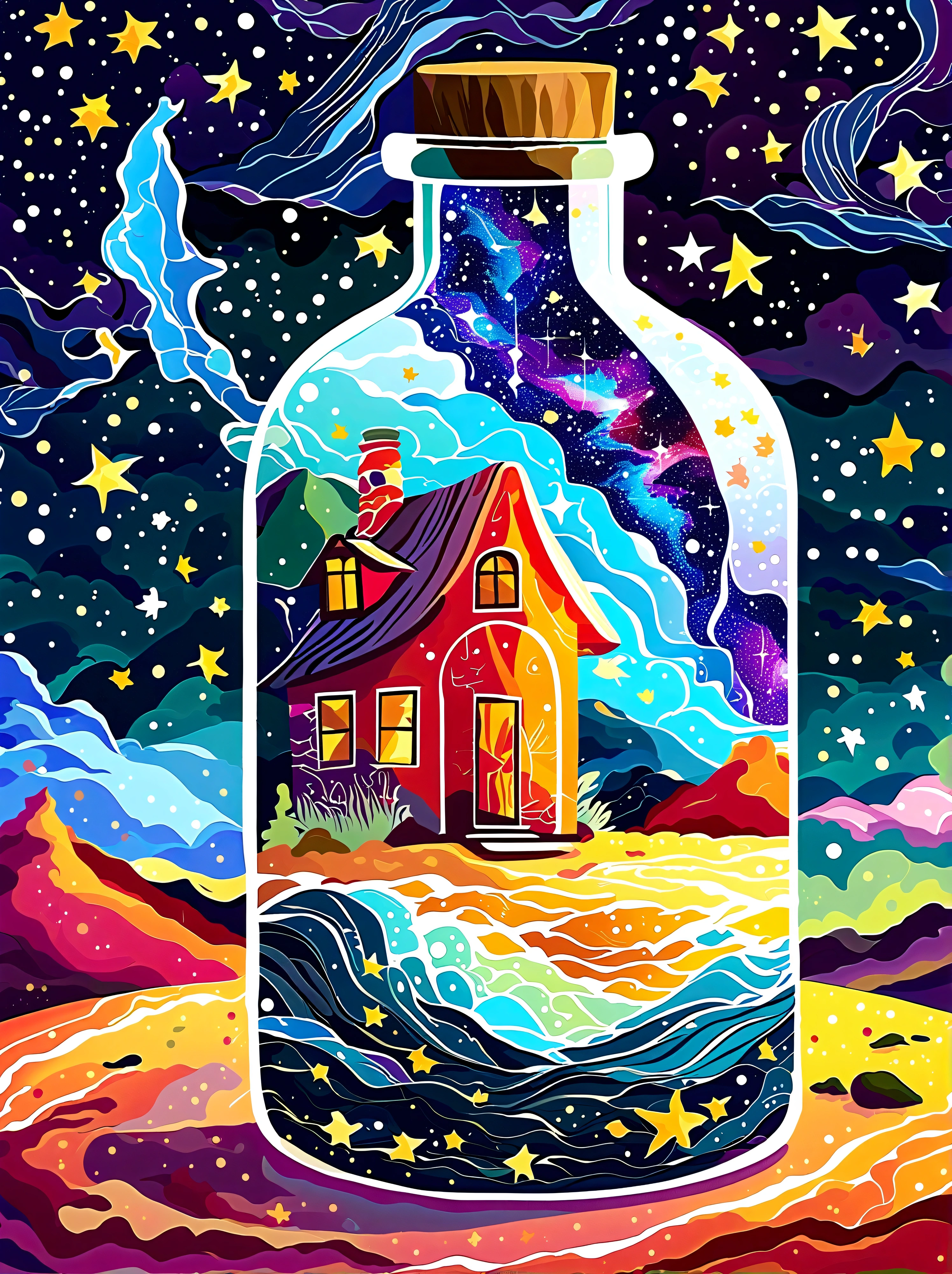 Starry sky Van Gogh painting trapped inside a hourglass bottle. Color and starry skies spilling out of the bottle and pooling on the ground.