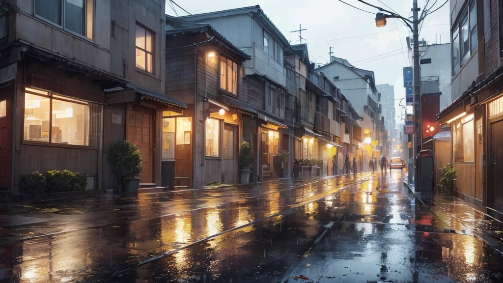 "No figures are present in any of the scenes. Landscapes, buildings, and rain-soaked flowers take center stage.""A rainy night under the streetlights. Puddles form in the alleyways.""A skyline of buildings from the Showa era. The atmosphere of a bygone era fills the air."