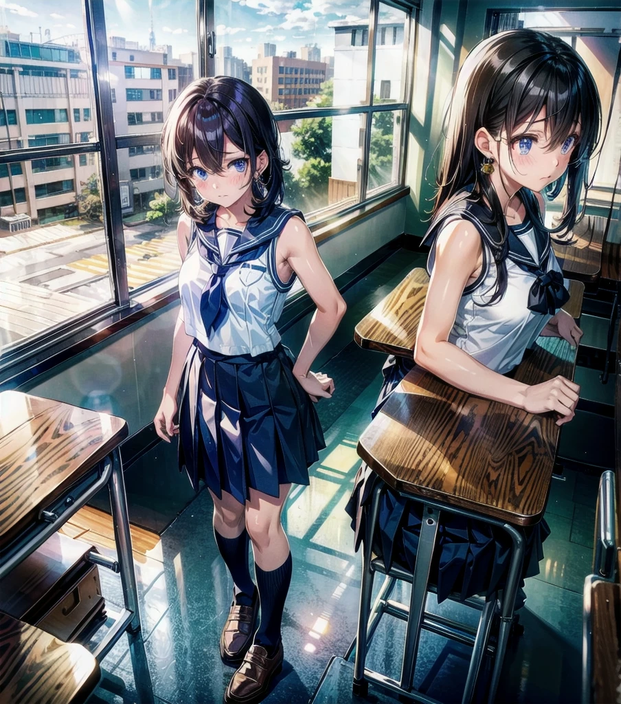 full body, earring, medium hair, medium tits, tearful mole, school_uniform, sailor uniform, sleeveless, school, classroom,