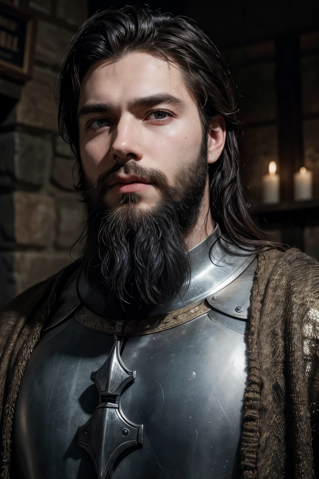 man, medieval knight, dark hair, dark beard, realistic photo, looking forward