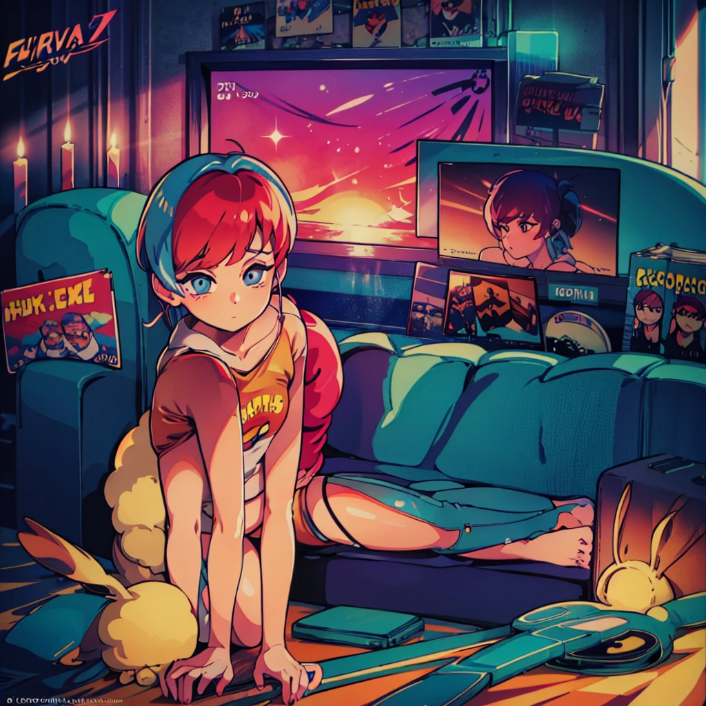 (masterpiece), Highest quality, Expressive eyes, Neon pastel aesthetics, Retro 90s, Neon color,((Girl sitting on sofa,In a cozy room,Records hanging on her wall, Comic books on the floor, Looking out the window behind her at the night city, Upholstered room, Anime figures lined up on a shelf)), Wearing headphones, (All around her it sparkles), (wearing thick colorful sneakers), (blue eyes), (Soft look), (Synthwave Art Style), Colorful Hair, Desk with PC set up