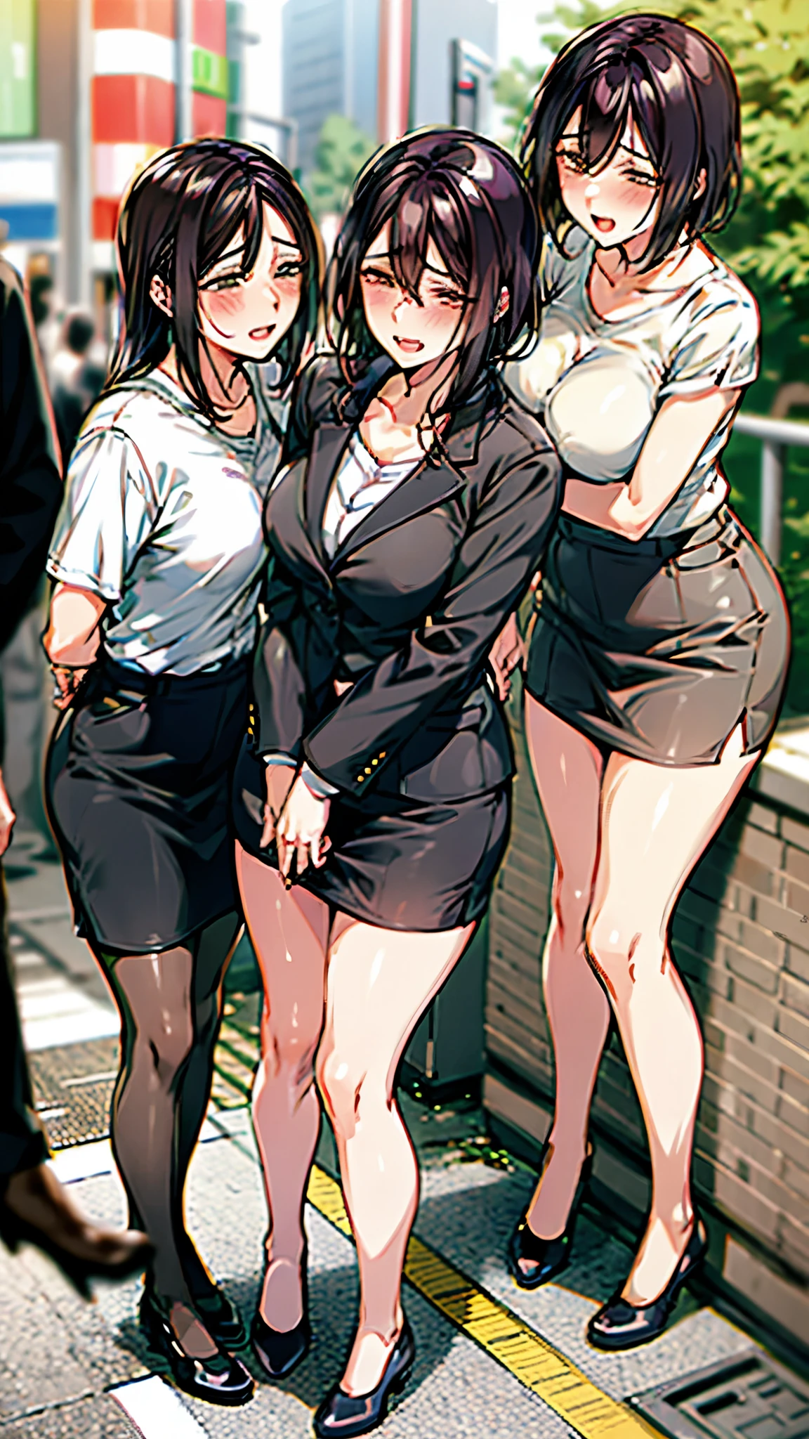 Three women waiting at a traffic light in an office building in Tokyo. High-resolution images of the women. Tailored suits, long skirts, and high heels,stooped posture with emphasis on the bosom,Sweaty and drenched.

 Their outfits emphasize their sexy and glamorous bosoms. Each woman has a unique style, yet they complement each other. They are posed to seduce a man with a slight blush on their cheeks.

 Against the backdrop of a staircase, passing men admire the legs of the women. 

 Lighting is natural and bright, capturing the energy and dynamism of this scene. 

 The overall atmosphere is erotic, sensual and impressionistic. The image from slightly below nicely captures their beautiful legs; the image is horizontal to capture the three women as a whole, and the moderate depth of field brings the women into sharp focus while slightly blurring the background for emphasis.