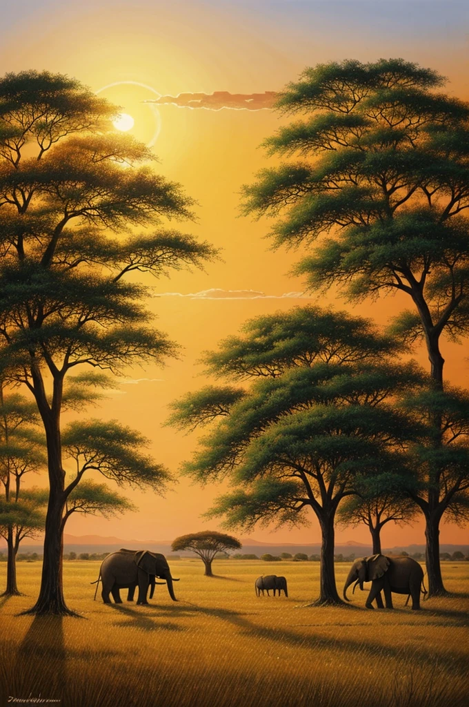 Four paintings of elephants in a field with trees and a sunset, oeuvre de paysage, african savaneh, Steppe africaine, paysage