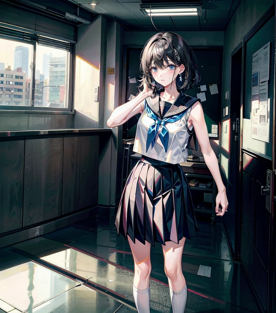 full body, earring, medium hair, medium tits, tearful mole, school_uniform, sailor uniform, sleeveless, school, classroom,