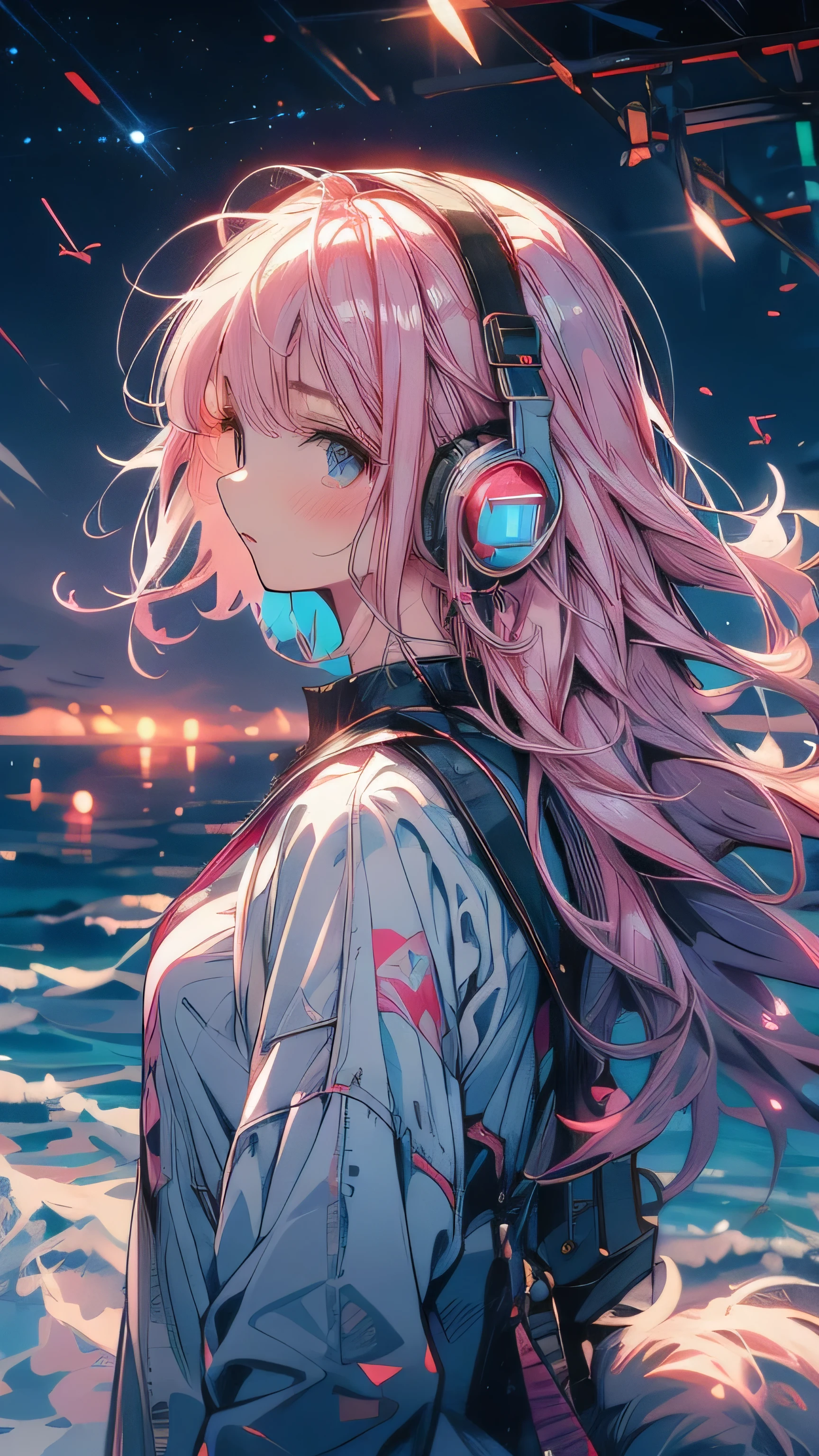 Pink Hair,White underwear,night starry sky background,Sad expression,Double Tail,headphone,night,moon,Star,meteor,Looking up at the stars,Full moon,Many Stars,milky way